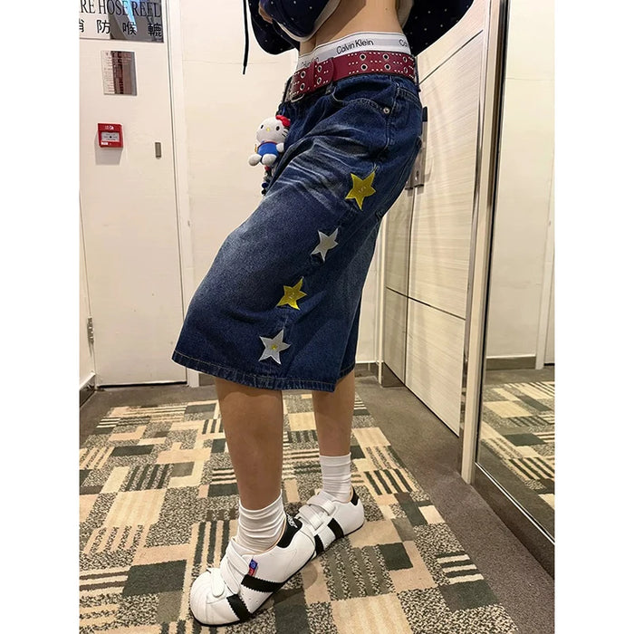 YIBASHU 2026 Summer Women American Retro Jorts Punk Denim Shorts Y2K 2000s Japanese Harajuku Blue Star Cargo Jeans Pants