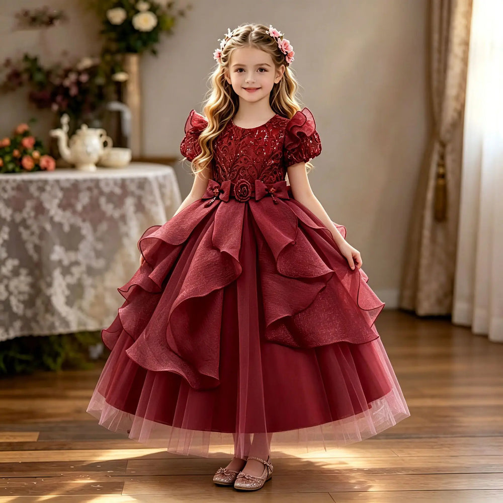 Girls' Sequined Floral Occasion Dress | Ankle-Length Party Gown | Braviixx
