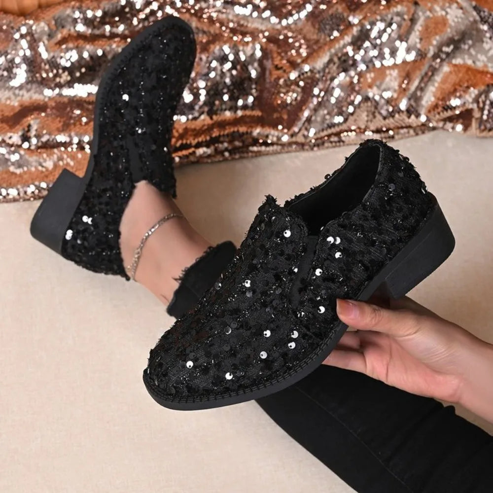 Women's Black Sequin Loafers | Slip-On & Block Heel | Braviixx