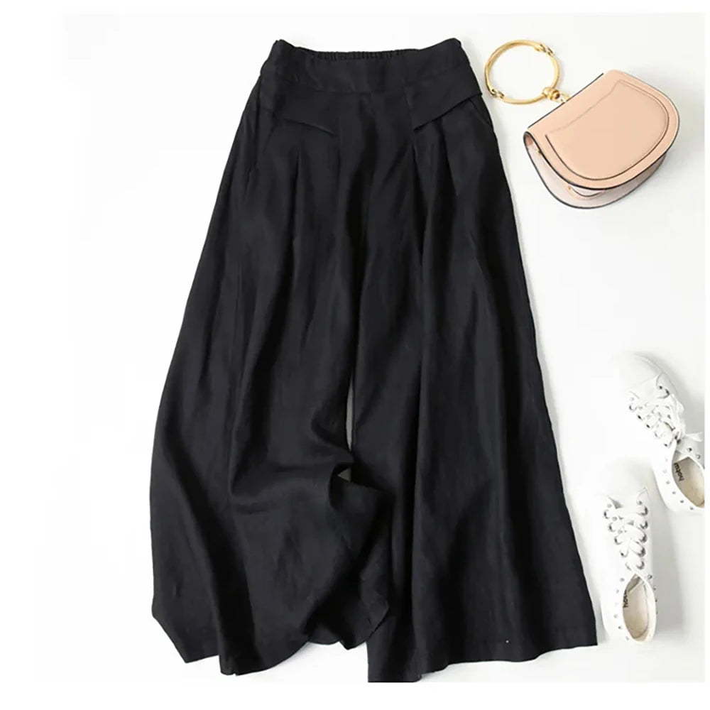 2026 Summer Women's Culottes Cotton Linen Cropped Wide Leg Pants Elastic Waist Casual Palazzo Clean Fit Trousers with Pockets