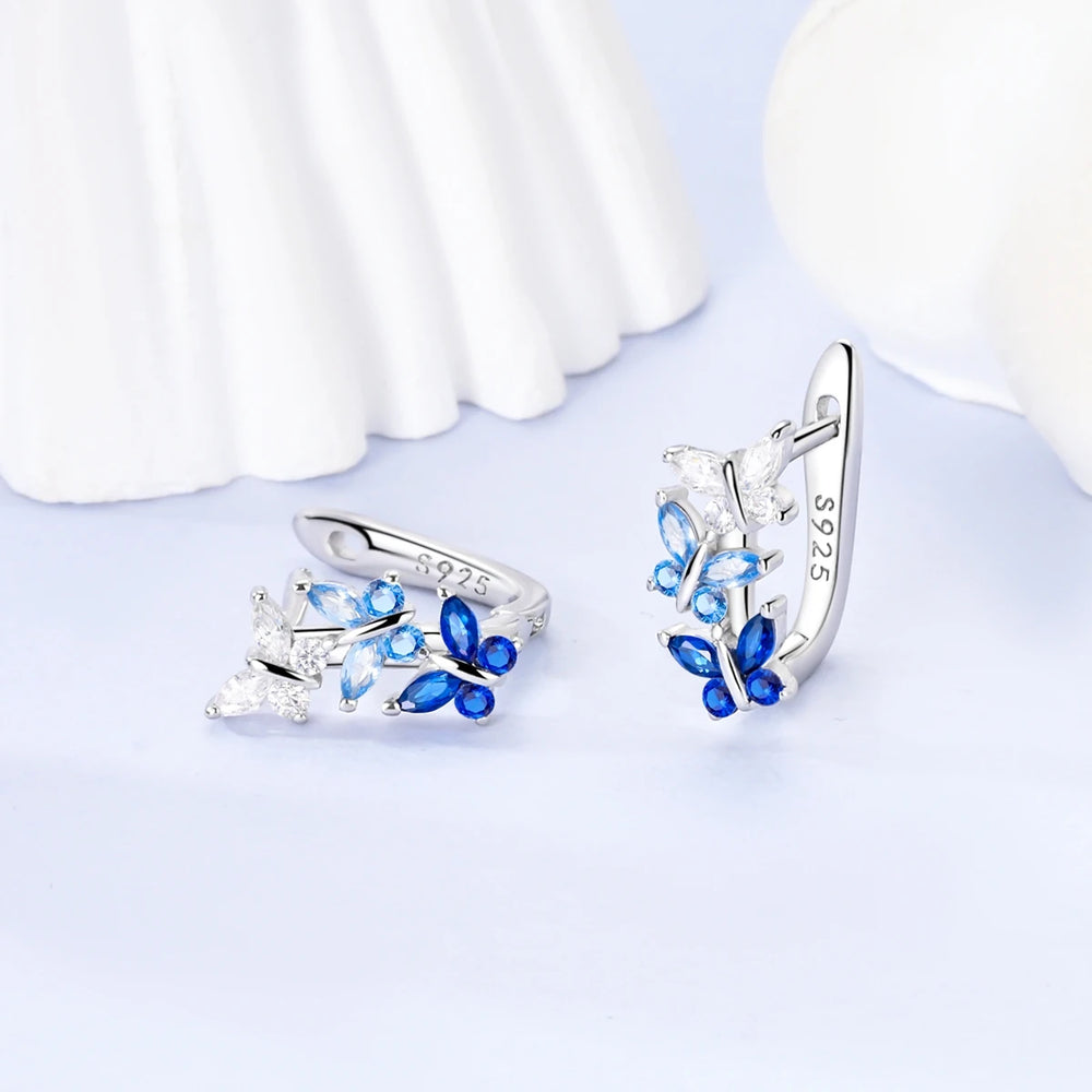 New Earrings 925 Silver Blue Butterfly Star Moon Dangle Hoop Earrings Ear Studs Zircon CZ Making Jewelry For Women Girl Party