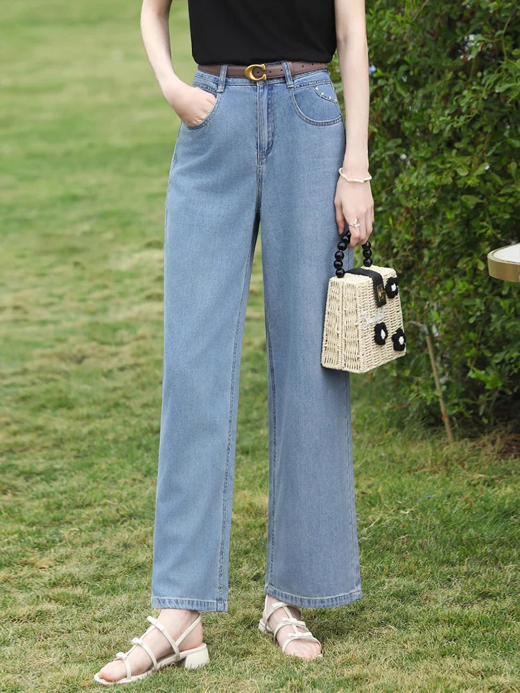 I BELIEVE YOU Light Blue Wide Leg Jeans 2026 Spring High Waist Loose Fit Pants Beading Straight Leg Denim Pants 2261166334