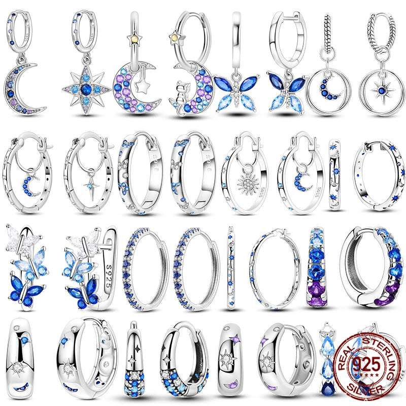 New Earrings 925 Silver Blue Butterfly Star Moon Dangle Hoop Earrings Ear Studs Zircon CZ Making Jewelry For Women Girl Party