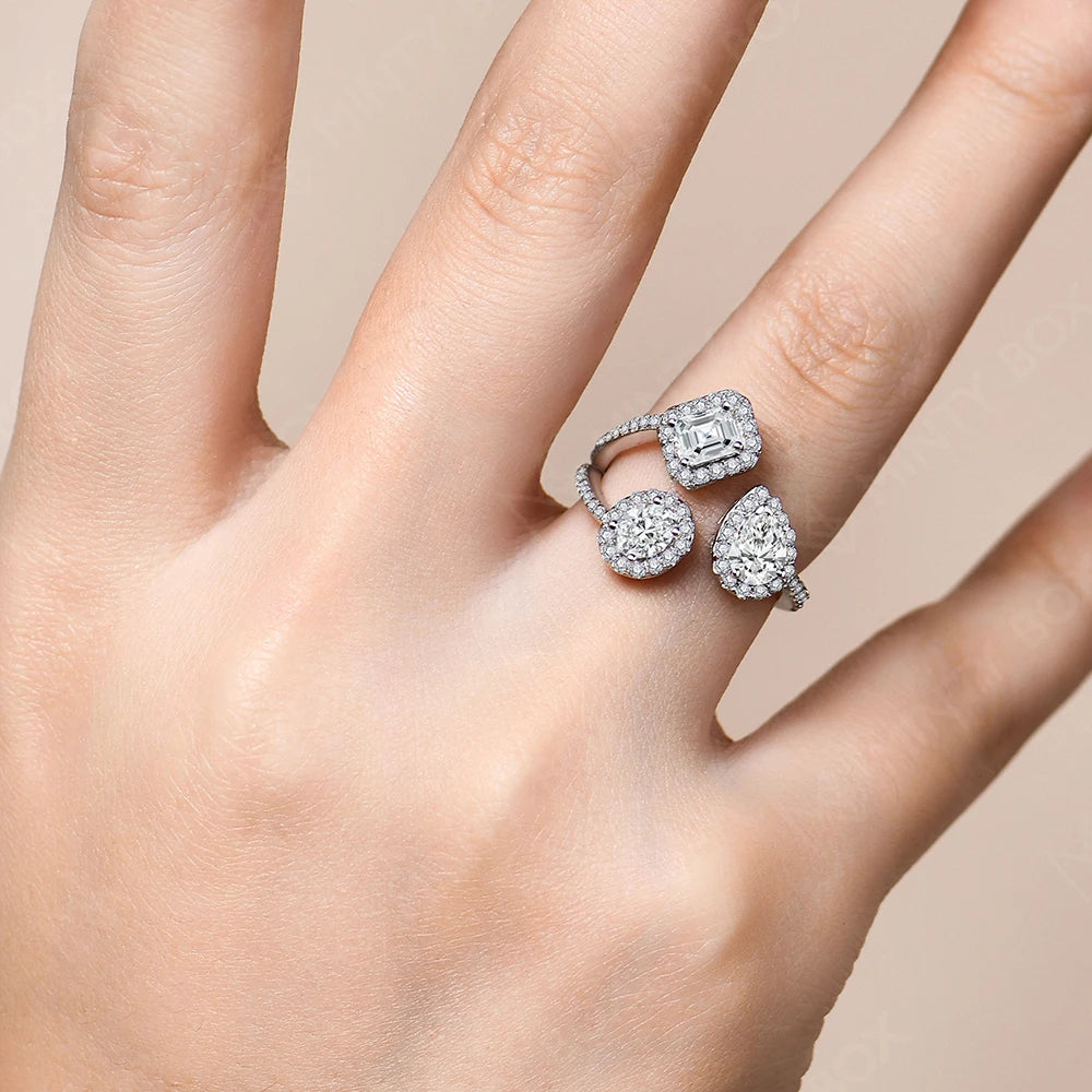 Women's Moissanite Open Ring | Three Mixed-Shape Halos | Braviixx