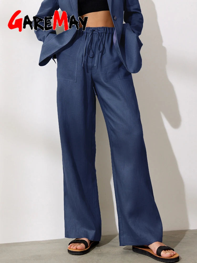 Cotton Linen Pants for Women Stacked Loose Vintage Solid Basic High Waist Wide Leg Khaki Trousers Summer Women's Pants