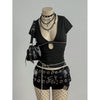 Gothic Punk Top Women Black Stud Embellished Deep V Neck Cutout Short Sleeve Fitted Blouse 2026