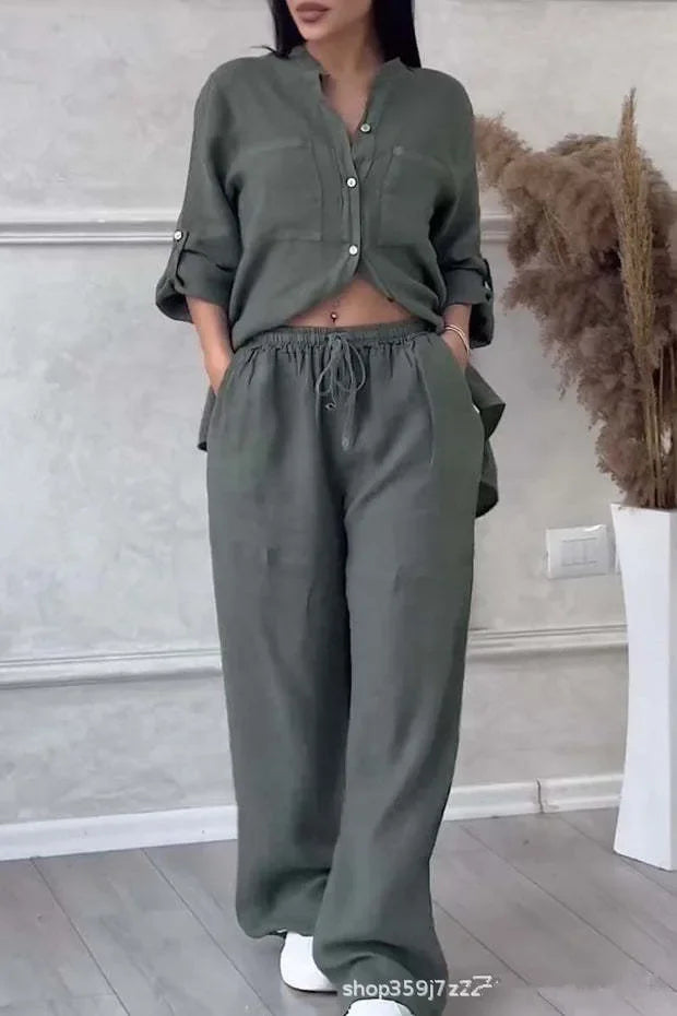 2026 Women Wide Leg Pants with Shirt Two Piece Sets Versatile Loose Casual Suits Chic Comfy Cotton Linen Streetwear Sets Femme