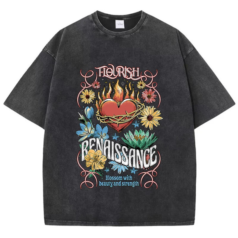 Vintage Washed Black Graphic Tee Women Men 2025 Summer New Broken Heart Floral Print Loose Casual Short Sleeve Harajuku Top