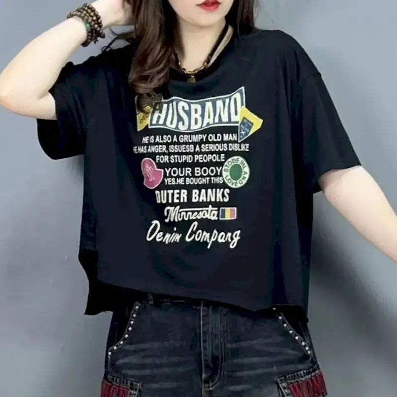 2026 New in T-shirts for Women Personality Fashion Irregular Design Tops Letters Printed Short Sleeved T-shirt Loose Versatile T