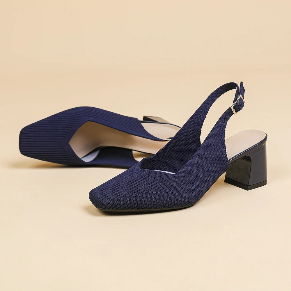 Women's Knitted Breathable Slingback Block Heel Pumps | Square Toe | 10 Colors | EU 34–43