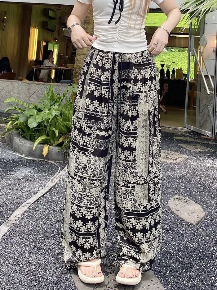 Retro Print Design Palazzo Pants Women's Summer Lightweight Loose Slimming Drapey Plus Size Casual Straight Leg Sports Pants