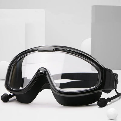 Adult Swimming Goggles | Wide Frame · Anti-Fog · Waterproof · Ear Plugs Included | White · Black | Braviixx