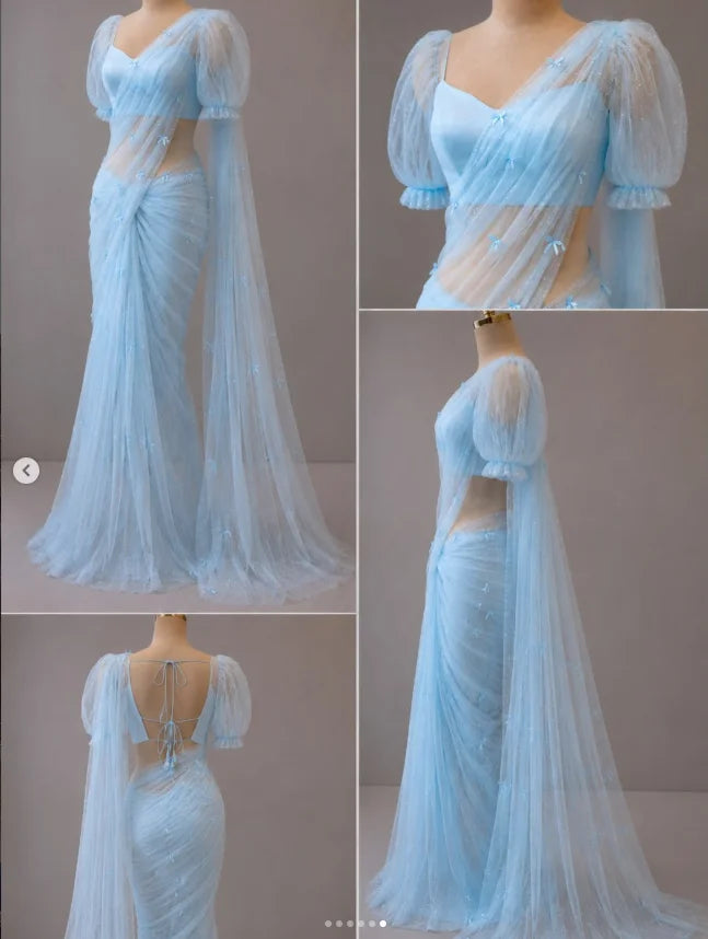 Draped Saree Set | Puff-Sleeve Tie-Back Blouse | Braviixx