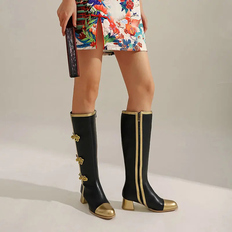 Knee-High Boots | Gold-Trim Knot Details | Braviixx