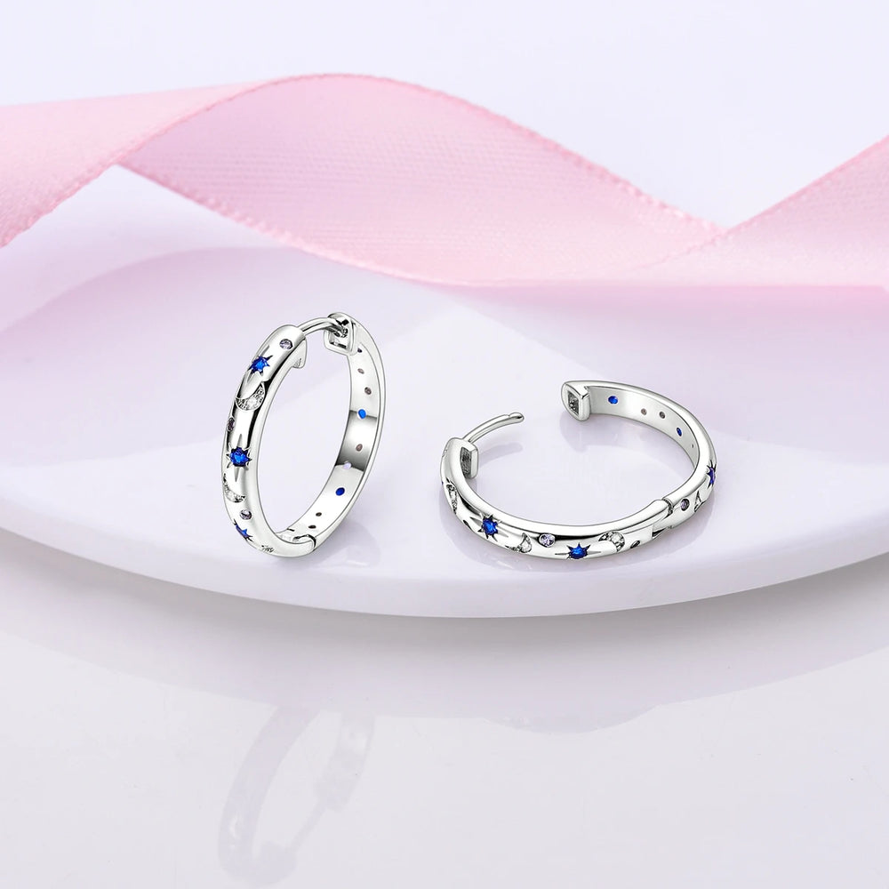 New Earrings 925 Silver Blue Butterfly Star Moon Dangle Hoop Earrings Ear Studs Zircon CZ Making Jewelry For Women Girl Party