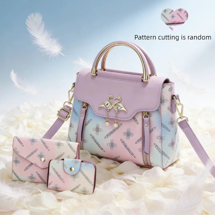 Women's Swan Charm Gradient PU Handbag 3-Piece Set | Shoulder · Crossbody · Wallet | 5 Colours | Braviixx