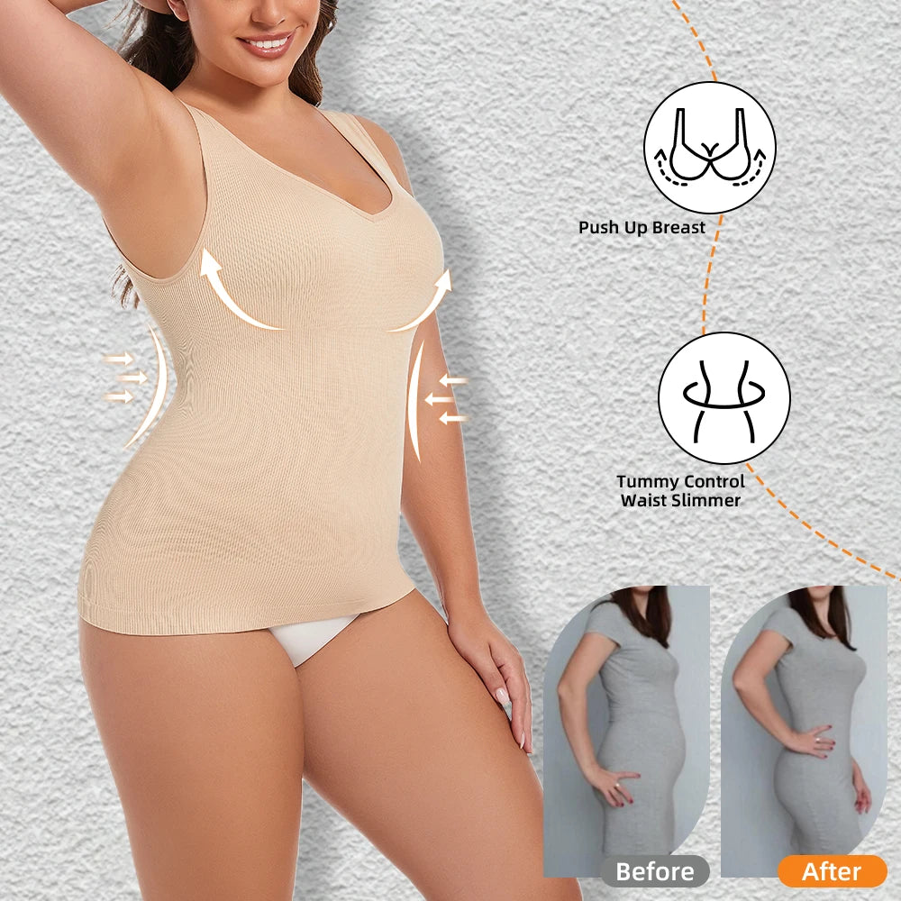 Womens Tummy Control Shapewear Tank Top with V Neck Seam-free Body Shaper Slimming Compression Tank Top