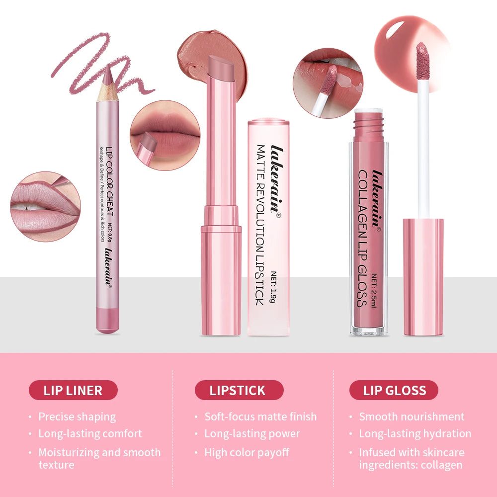 Iconic Mini Lip Kit | 3-Piece Lipstick, Gloss & Liner Set | Braviixx