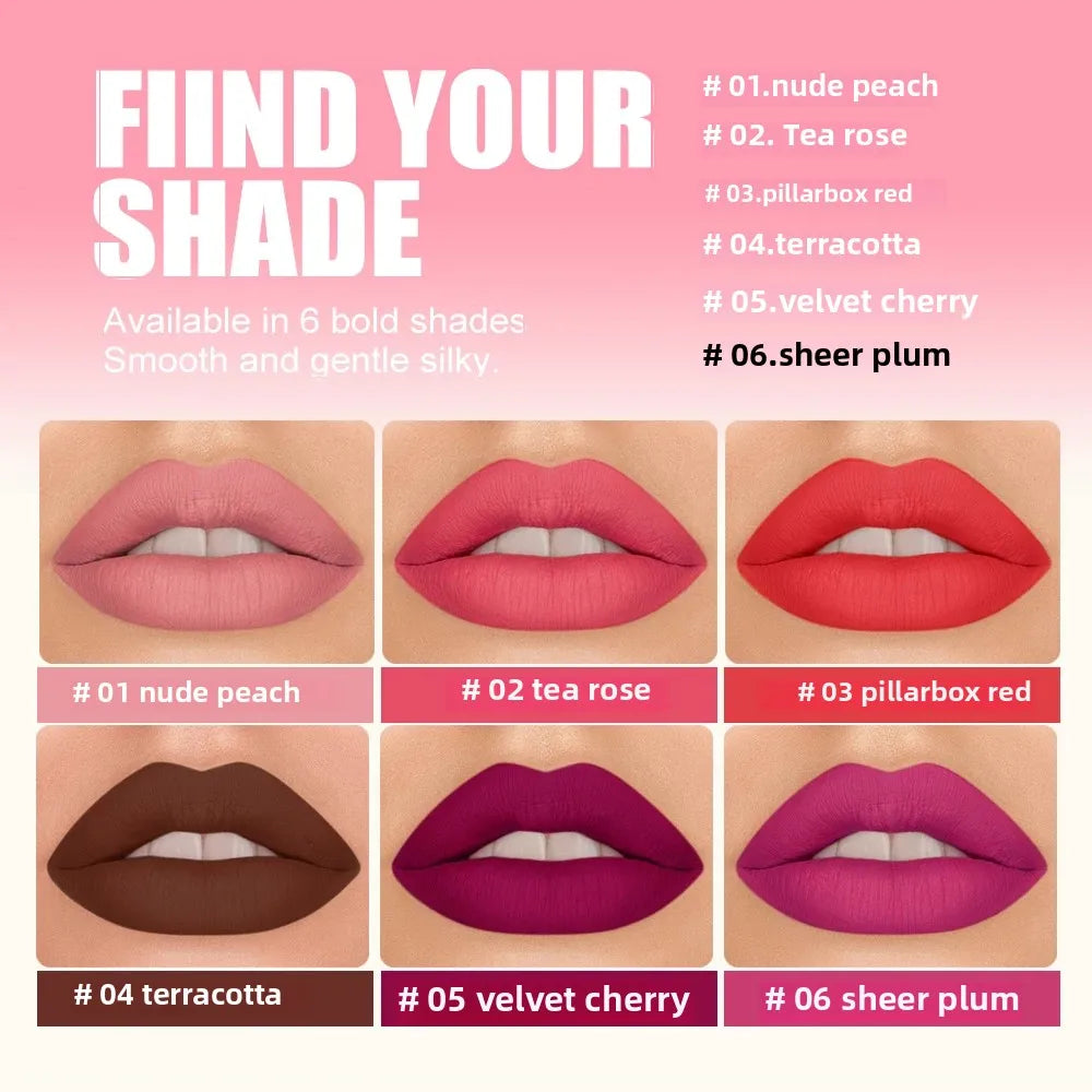 Matte Lipstick Nude Peach Brown Cherry Shades Velvety Smooth Long-Lasting Rich Pigment Waterproof Non-Stick Cup Lip Stick Makeup