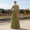 Floral Print Tulle A-Line Evening Gown | O-Neck Full Sleeve Formal Prom Dress