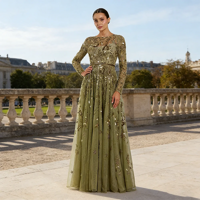 Floral Print Tulle A-Line Evening Gown | O-Neck Full Sleeve Formal Prom Dress
