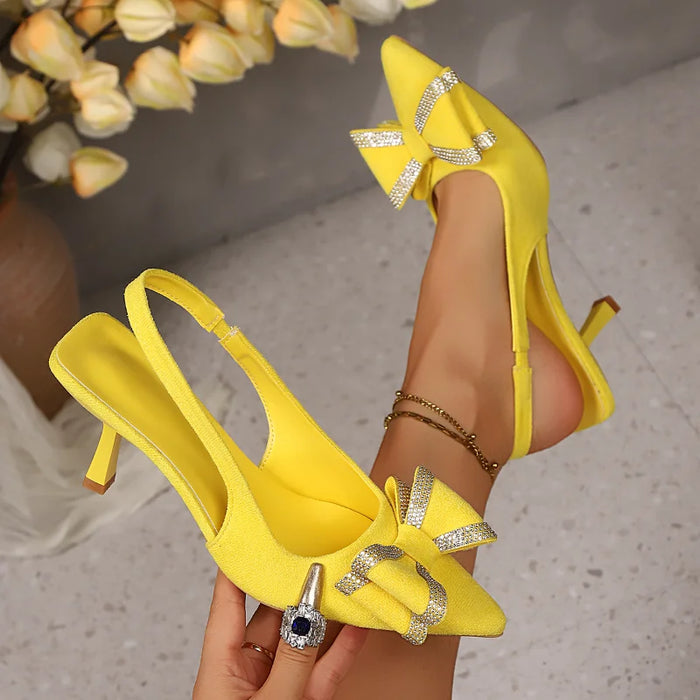 Women's Yellow Bow Slingback Heels | Pointed Toe | Braviixx
