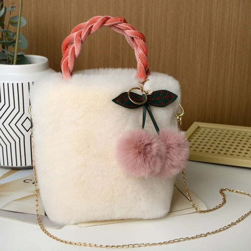 Fluffy Mini Crossbody Bag | Cherry Pom-Pom & Braided Handle | Braviixx
