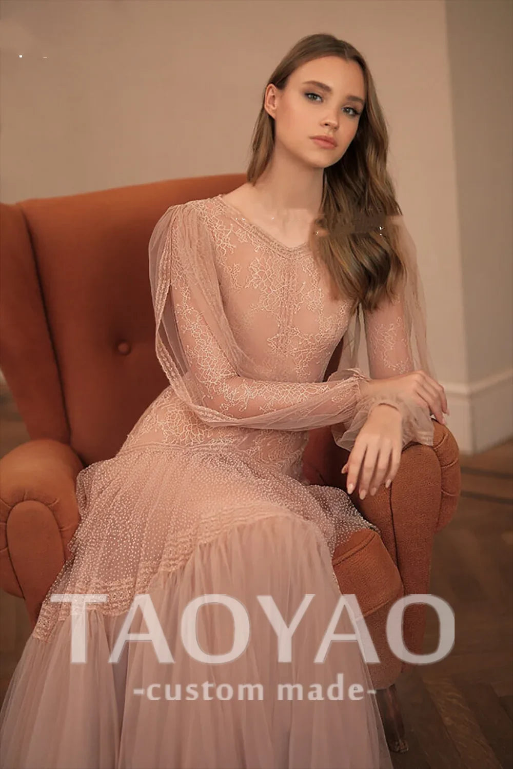 Elegant O-Neck A-Line Tulle Prom Gown | Full Sleeve Maxi Formal Evening Dress