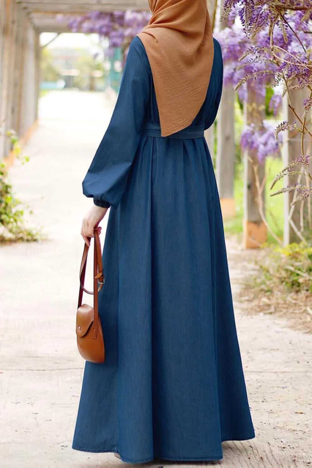 Muslim Maxi Dresses for Women Vintage Denim Lace Up Lantern Sleeve Maxi Dress