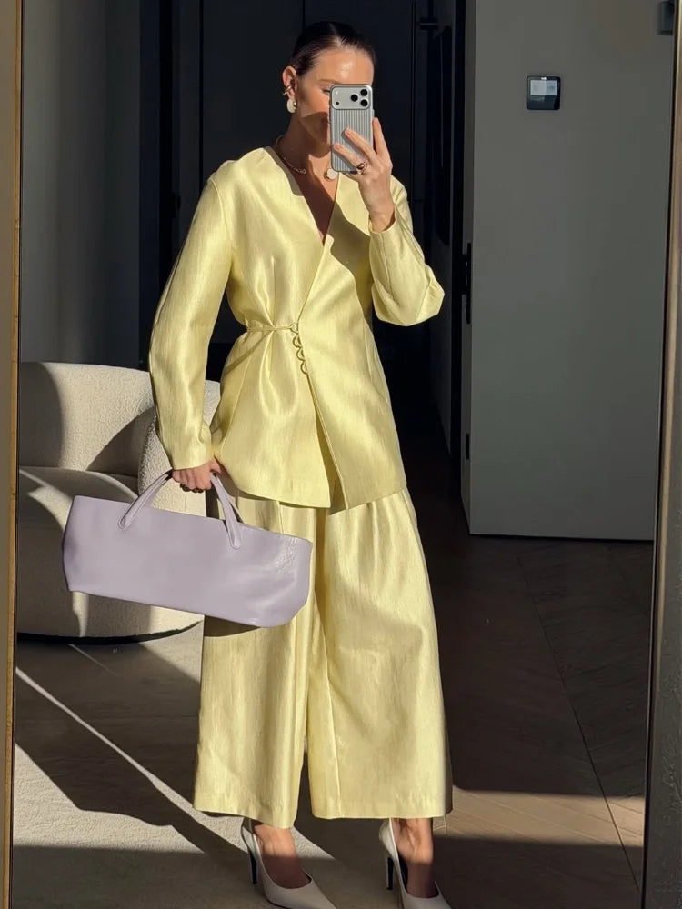 Women's Elegant Coat Pant Sets Full Sleeve V Lace Top Wide Leg Pants Female Suits 2026 Spring Summer Solid Satin Lady Set