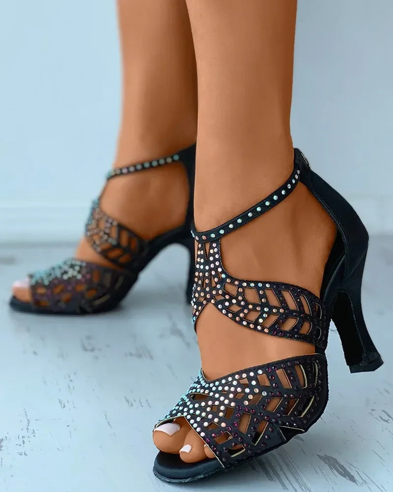 Women's Black Rhinestone Cut-Out Sandals | Braviixx