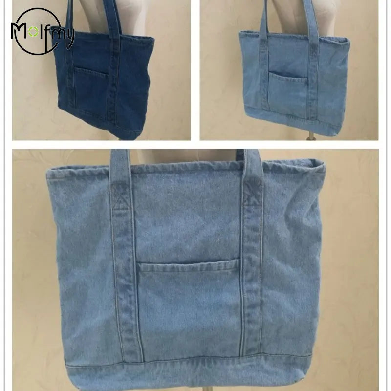 Women's Large Capacity Denim Tote Bag | Zipper · Front Pocket · Shoulder Bag | Dark Navy · Sky Blue | Braviixx