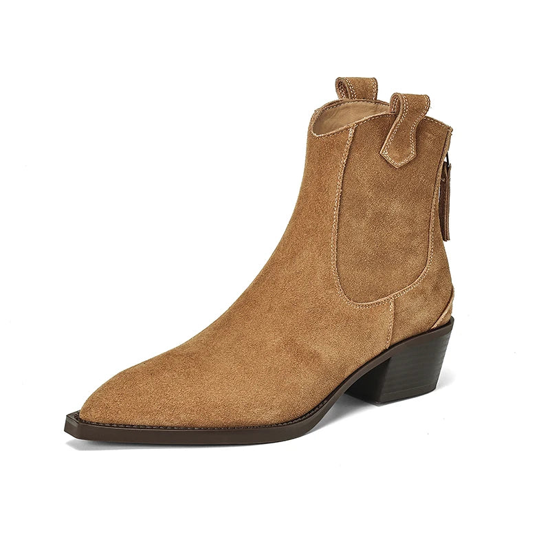 New 2025 Trend Autumn Winter Cow Suede Women Western Boots Black Brown Khaki Purple Green Burgundy Pointed Toe Lady Ankle Boots