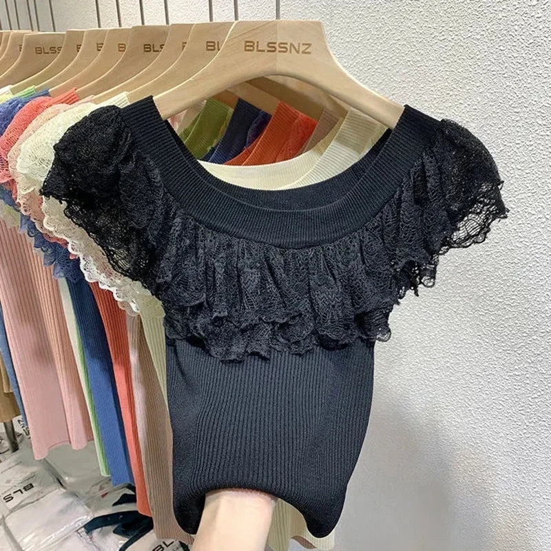 Off the Shoulder Lace Ruffle Knit Top Rib-Knit Bardot Neck Sweater Blouse Tops Women Spring Summer 2026 Lady Coquette Fairycore