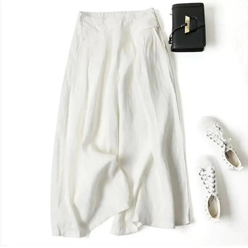 2026 Summer Women's Culottes Cotton Linen Cropped Wide Leg Pants Elastic Waist Casual Palazzo Clean Fit Trousers with Pockets