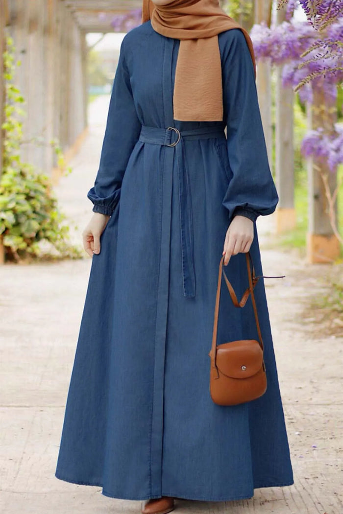 Muslim Maxi Dresses for Women Vintage Denim Lace Up Lantern Sleeve Maxi Dress