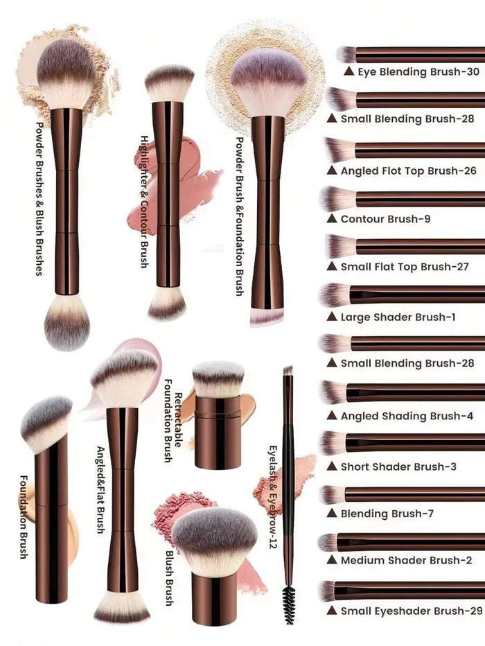 22-Piece Makeup Brush Set | 20 Brushes, 2 Powder Puffs & Bag | Braviixx