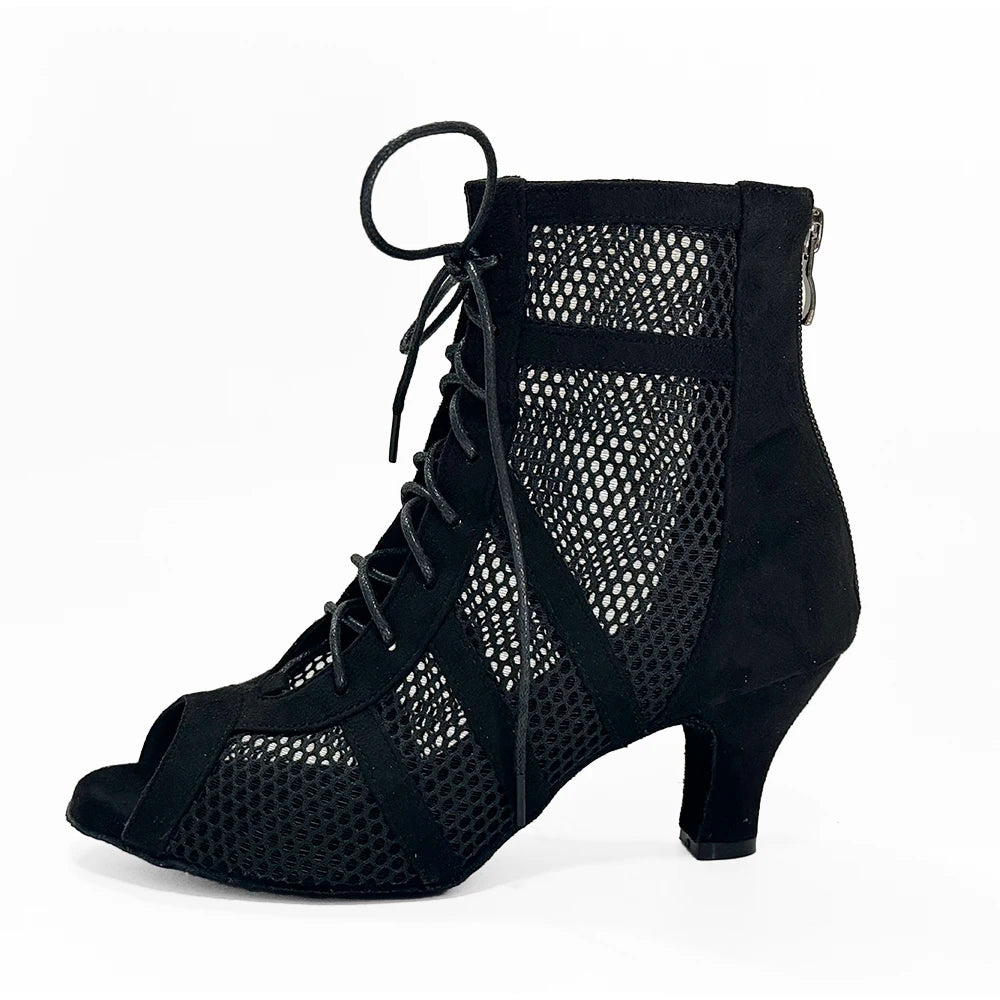 Women's Black Lace-Up Mesh Dance Booties | Braviixx