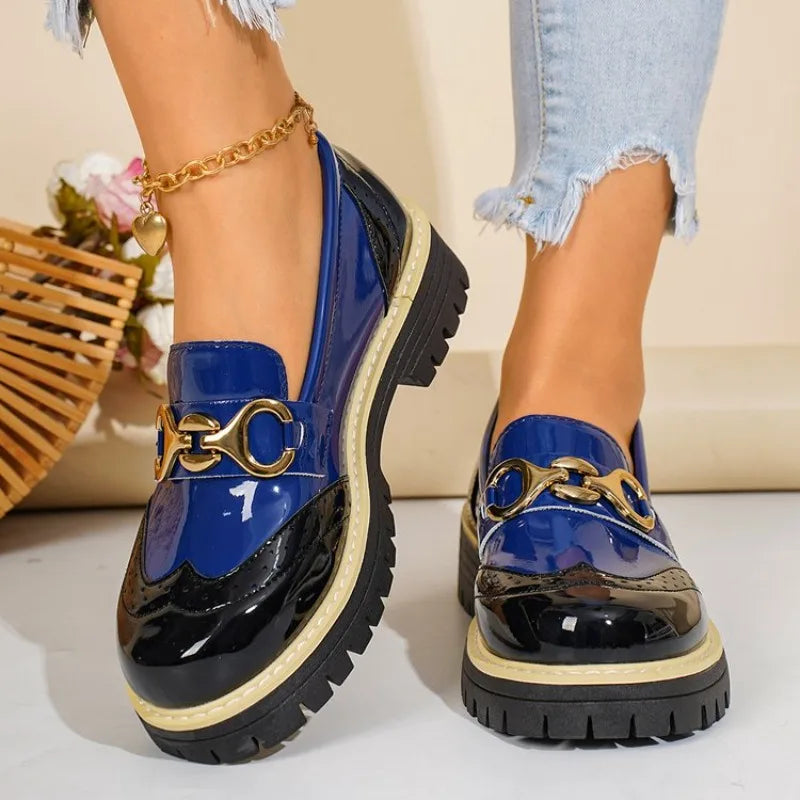 Women's Glossy Colourblock Loafers | Chunky Sole & Gold-Tone Detail | Braviixx