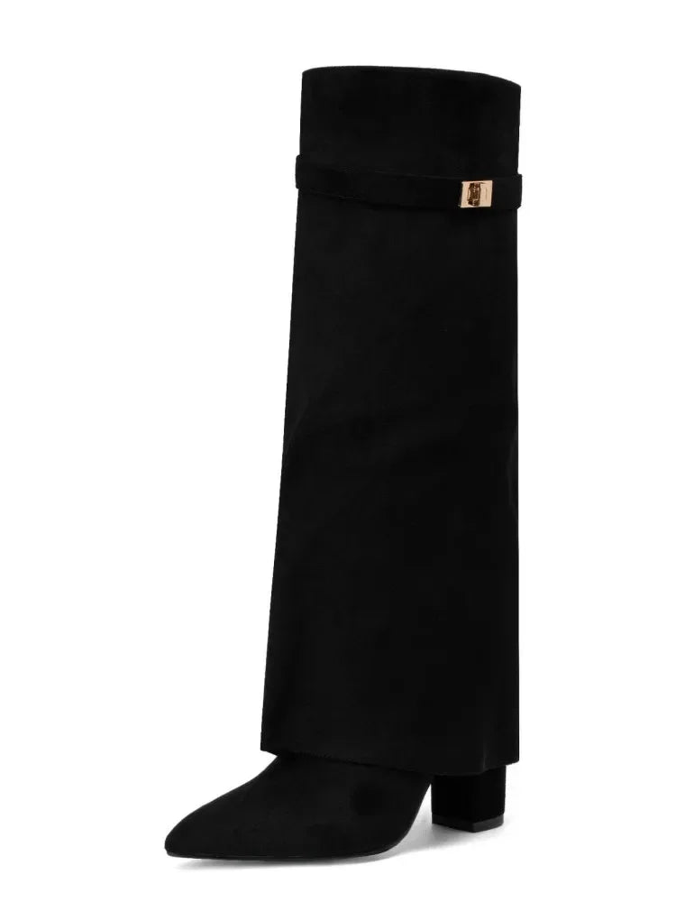 Women's Shark Lock Fold-Over Knee-High Boots | Metal Buckle Cuff | Pointed Toe | Block Heel | PU & Suede | EU 35–43