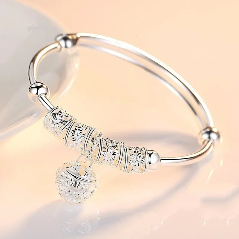 Women's Silver-Tone Charm Bangle | Floral Beads & Round Hanging Charm | Braviixx
