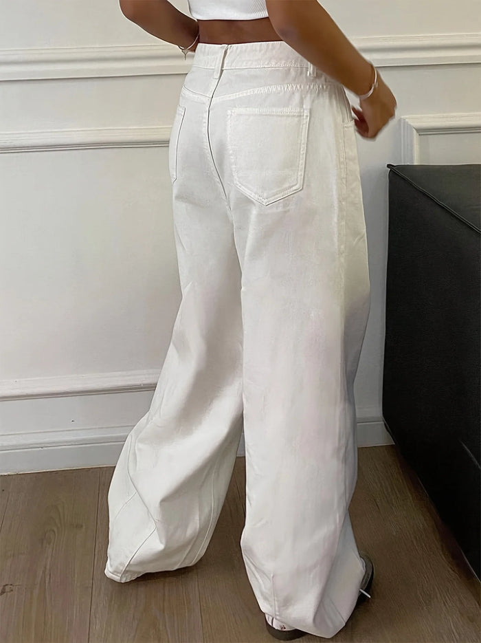 New Spring/Summer 2026 Women's Loose Wide-Leg Solid-Colored Jeans, Casual and Versatile Jeans with Pleat Details