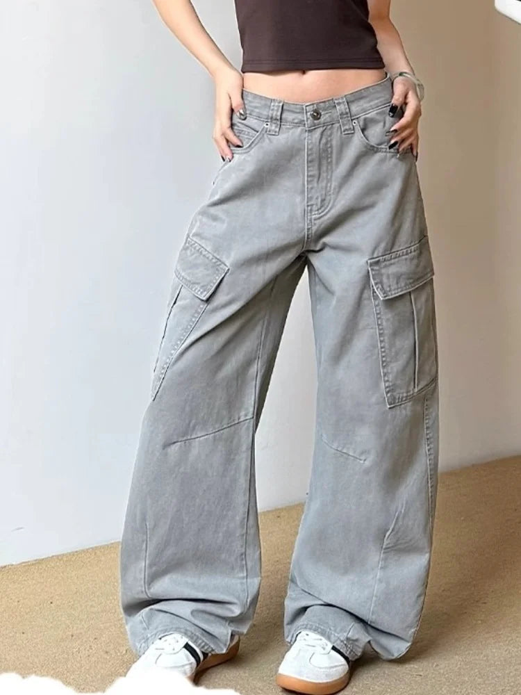 2026 Ropa Y2K Fashion Vintage Grey Baggy Cargo Jeans Pants For Women Clothing Wide Leg Kpop Casual Lady Trousers Pantalon Femme
