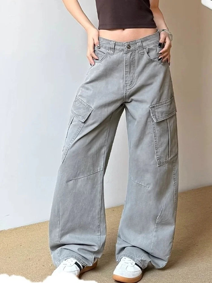 2026 Ropa Y2K Fashion Vintage Grey Baggy Cargo Jeans Pants For Women Clothing Wide Leg Kpop Casual Lady Trousers Pantalon Femme
