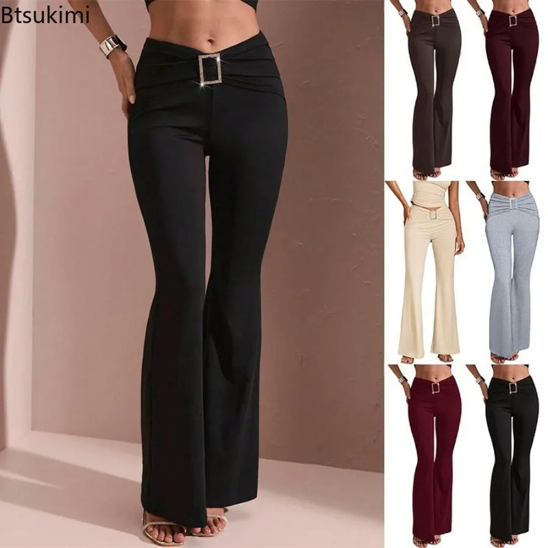 Women's V-Waist Rhinestone Buckle Bell Bottom Flare Trousers | Slim Fit · 6 Colours · S–XXL | Braviixx