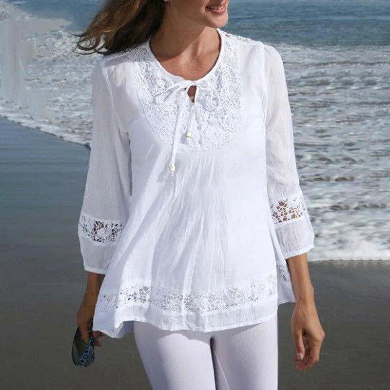 Elegant Women's Shirts White Blouse 2025 Spring New Cotton Linen Lace Long Sleeve Top Lady Blouses Camisas De Mujer Lady Blouses