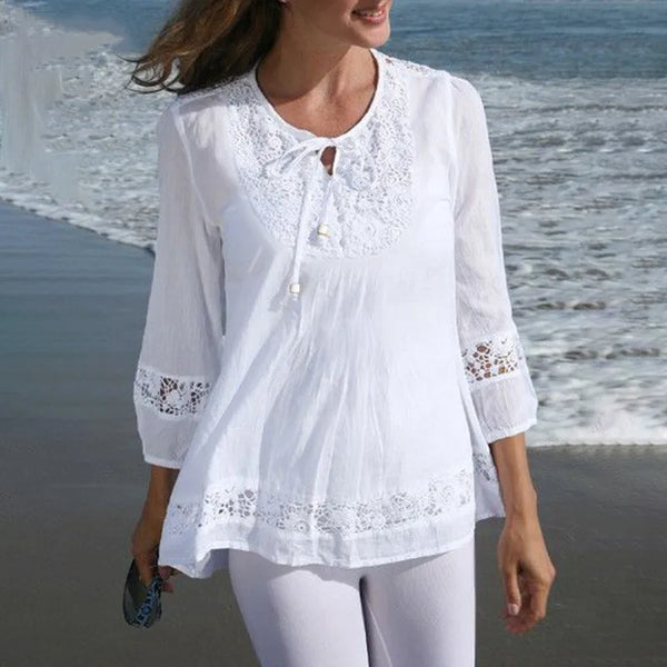 Lace-Trim Cotton Linen Blouse | V-Neck Tie Bow 3/4 Sleeve Women's Top