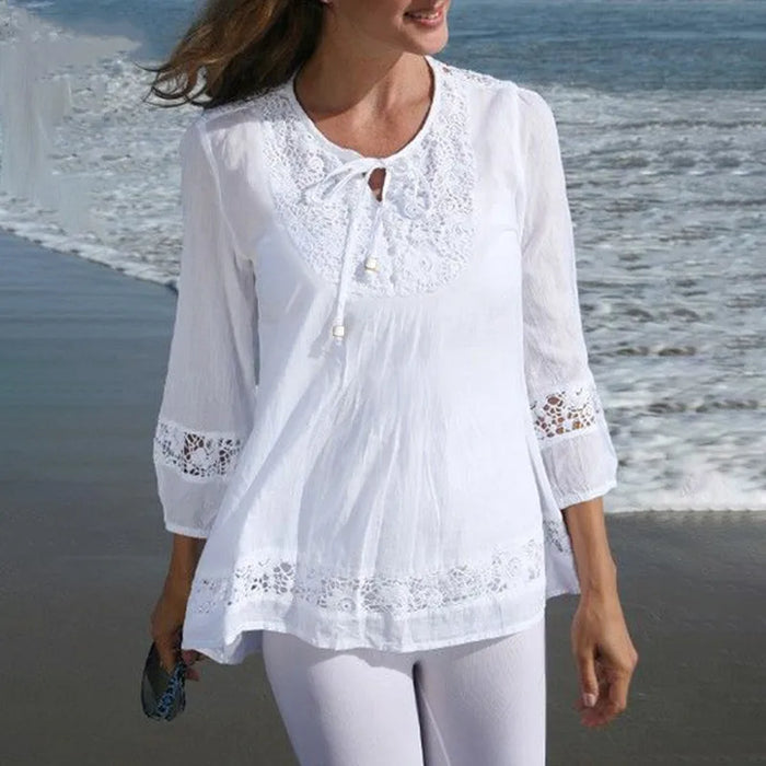 Elegant Women's Shirts White Blouse 2025 Spring New Cotton Linen Lace Long Sleeve Top Lady Blouses Camisas De Mujer Lady Blouses