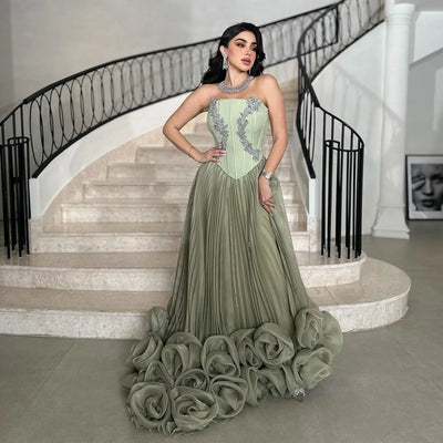 Women's Sage Green Strapless Beaded Formal Gown | Corset Bodice | Pleated Skirt | Ruffled Floral Hem | US 2–20 + Custom