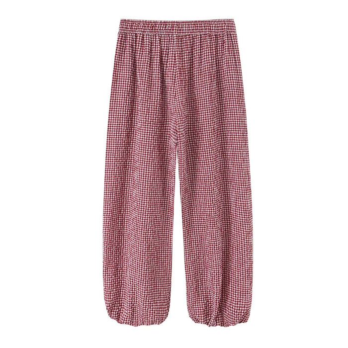 Women's Long Pants 2026 Summer New Style Red Plaid Drawstring Lantern Pants Long Pants Beach Vacation Casual Fashion